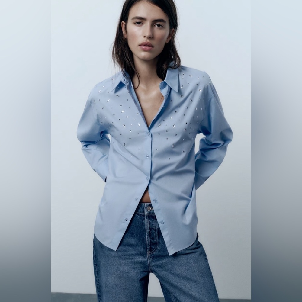 ZARA beaded poplin baby blue shirt size extra small